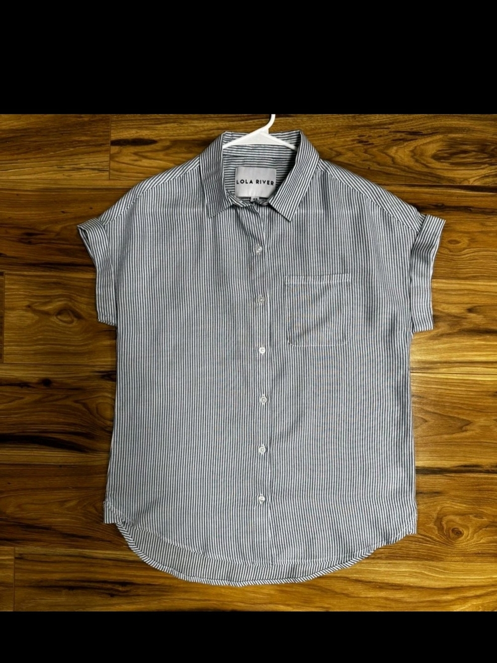Womens Short Sleeve, Blue Stripe Button-Up Shirt